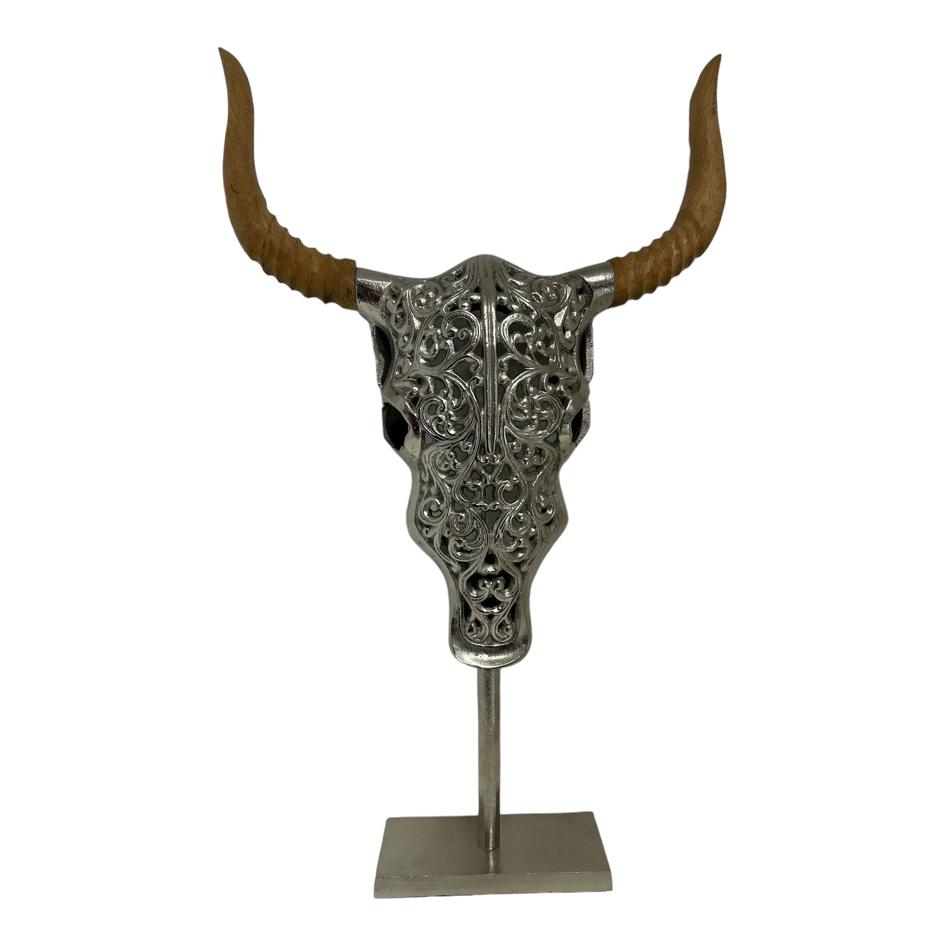 Skulptur eines Longhorn Schädel aus Aluminium als Dekoration mit Standfuss